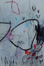 Anna Hryniewicz, black and red drawing, graphite, wax pastels on paper