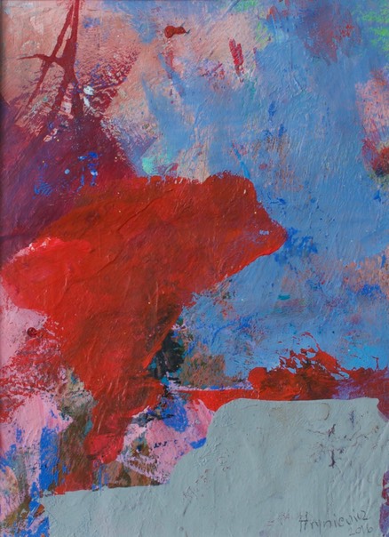 Anna Hryniewicz, Red on blue, acrylic on paper